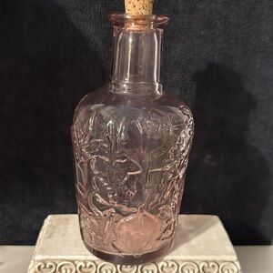 Vintage, Libbey, Pink Floral embossed Decanter. 8” H